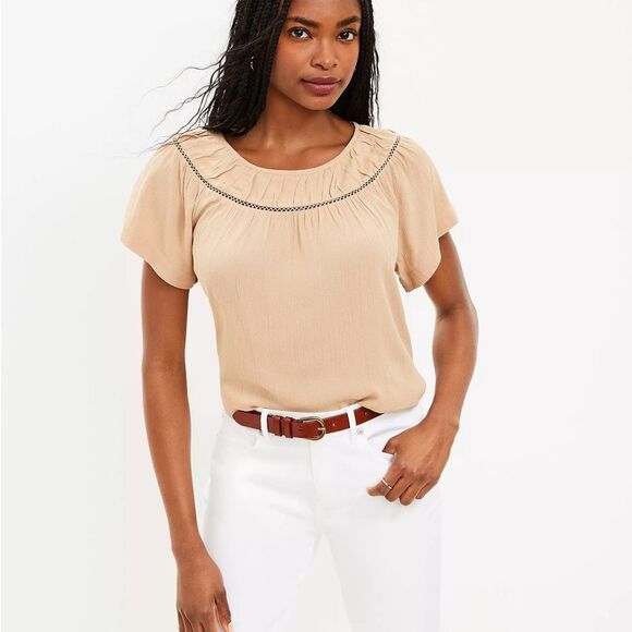 Loft Cutout Yoke Flutter Sleeve Mixed Media Top in Rye Size Medium - Picture 1 of 7